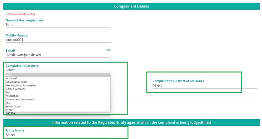 Select complainant category